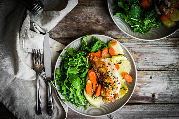 istock Chicken with potatoes and arugula salad on rustic background 501464636