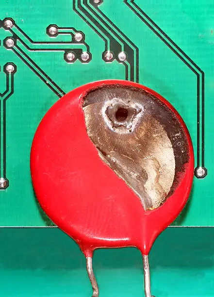 MOV, Metal Oxide Varistor mounted on printed circuit board burnt by thunder and lightning.