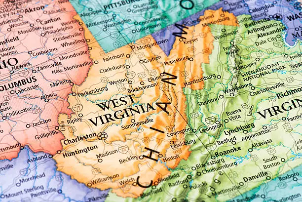 Map of West Virginia State in USA. Detail from the World Map.