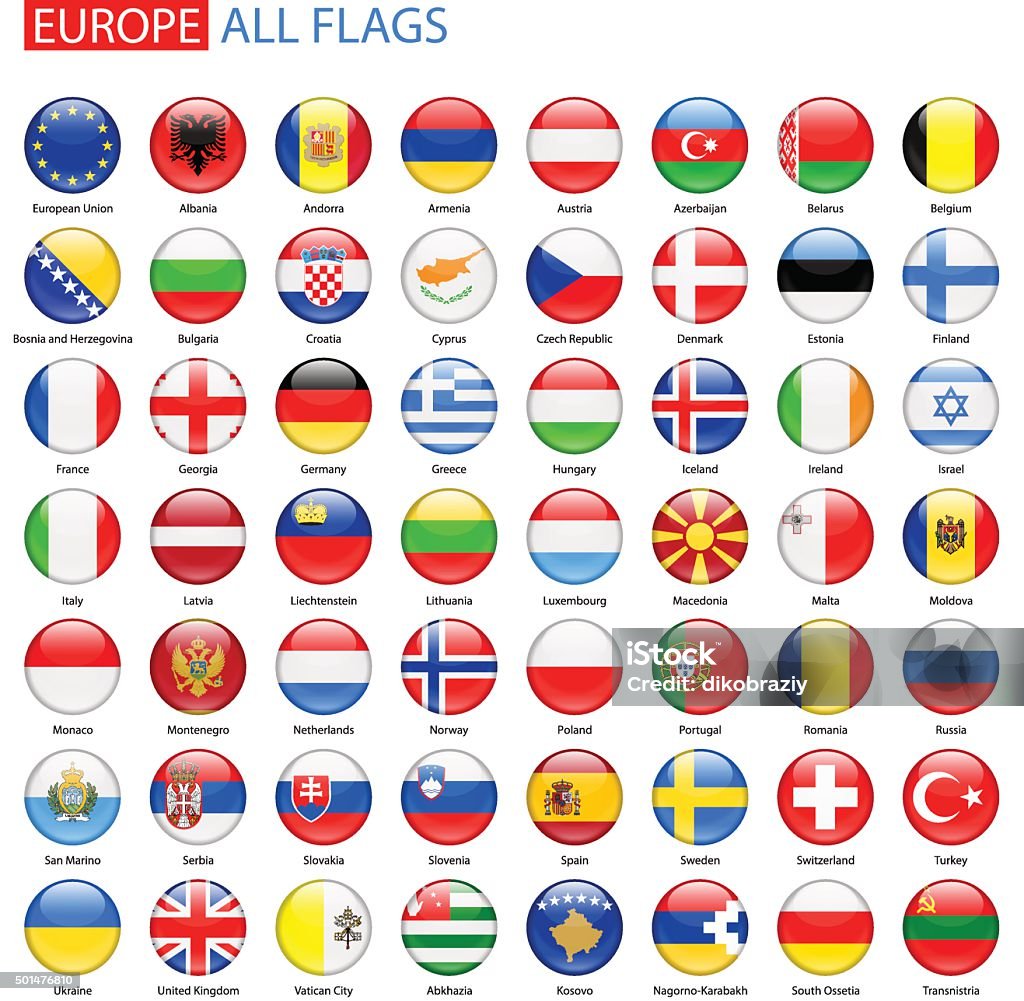 Bendera Bulat Mengkilap Eropa Koleksi Vektor Penuh Ilustrasi Stok