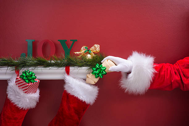 istock Santa's hand placing rawhide dog bone into Christmas Stockings 501476982
