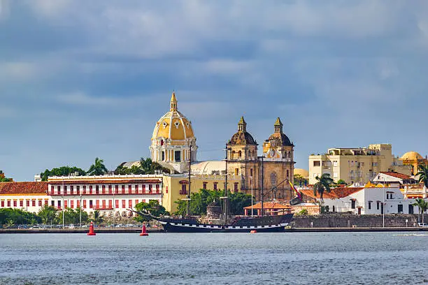 Cityscape photo of old town Cartagena, Colombia with the Church of Saint Peter Claver.