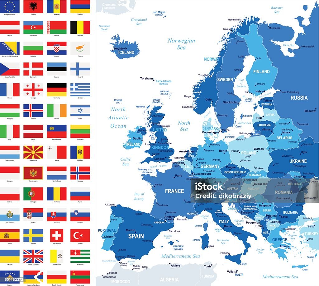 Mapa de Europa-y banderas completa colección de vectores - arte vectorial de Mapa libre de derechos