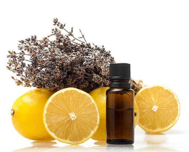 zitrone und ätherischem lavendelöl - alternative medicine herbal medicine aromatherapy oil herb stock-fotos und bilder