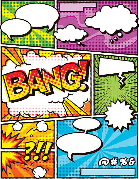 Vintage Comic Book Layout Template A vintage, screen print styled design template in a vintage comic-book style with halftone dots. Blank speech bubbles are included for you to add your own story. There is a slight roughness to the black outlines to simulate ink on paper. comic book layout stock illustrations