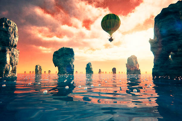 Steampunk hot air balloon flying over fantasy landscape.