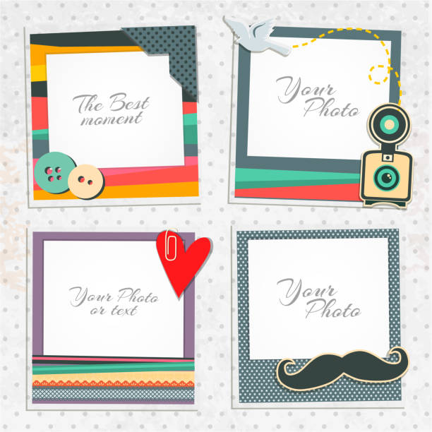 Template Photo frame Design photo frames on nice background. Decorative template for baby, family or memories. Scrapbook concept, vector illustration. Hipster family designs stock illustrations
