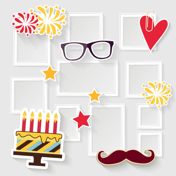Birthday photo frame Design photo frames on nice background. Decorative template for baby, family or memories. Scrapbook concept, vector illustration. Birthday family photo on wall stock illustrations