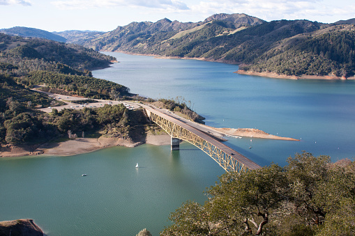 Lake Sonoma is a reservoir west of Healdsburg in northern Sonoma County, California.  Sunny day from overlook.