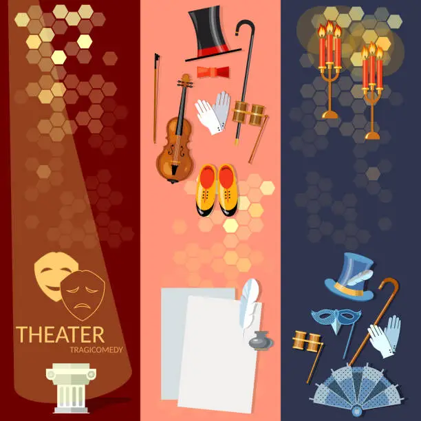 Vector illustration of Theatre flat banner set with actors scenario decoration