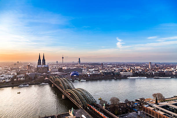 aerial of cologne in sunset aerial of city of cologne in sunset cologne photos stock pictures, royalty-free photos & images