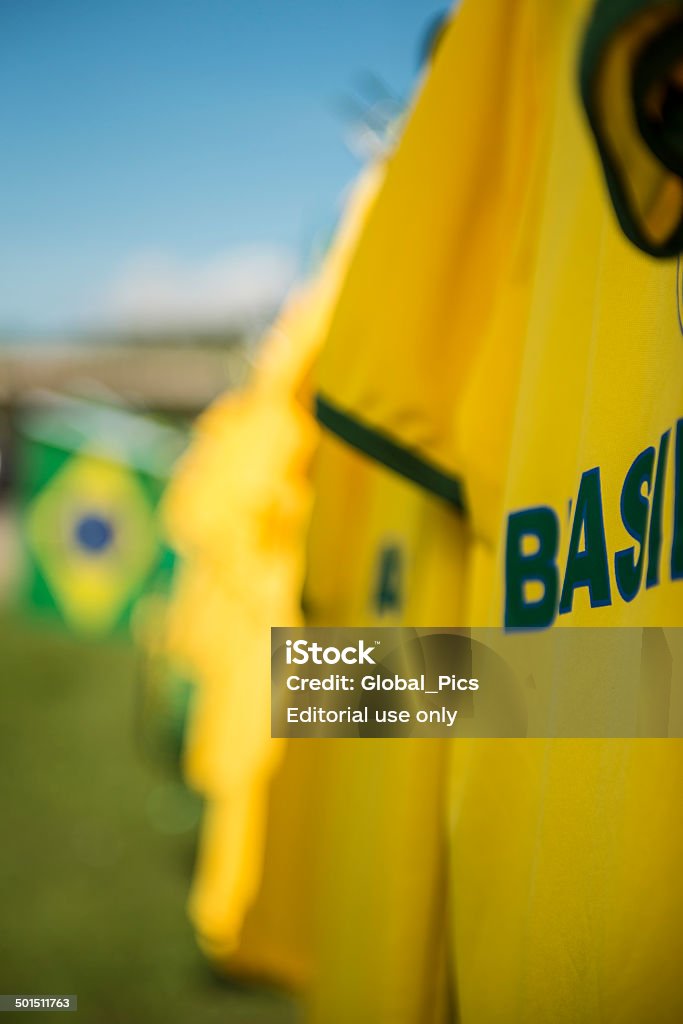 Brazilian soccer team Pomerode, Brazil - June, 21 2014: Replica of the Brazilian T-Shirt's national soccer team hanging for sale on the streets of Pomerode city, Santa Catarina state. Athleticism Stock Photo