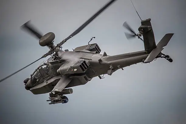 An AH-64 Apache helicopter gunship in flight. 