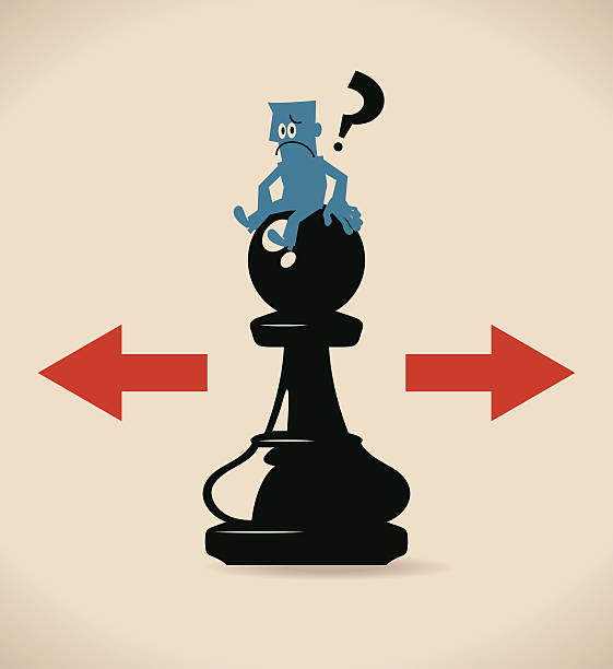 verwirrt geschäftsmann sitzt auf bauer schachfigur mit fragezeichen - chess pawn red blue leisure games stock-grafiken, -clipart, -cartoons und -symbole