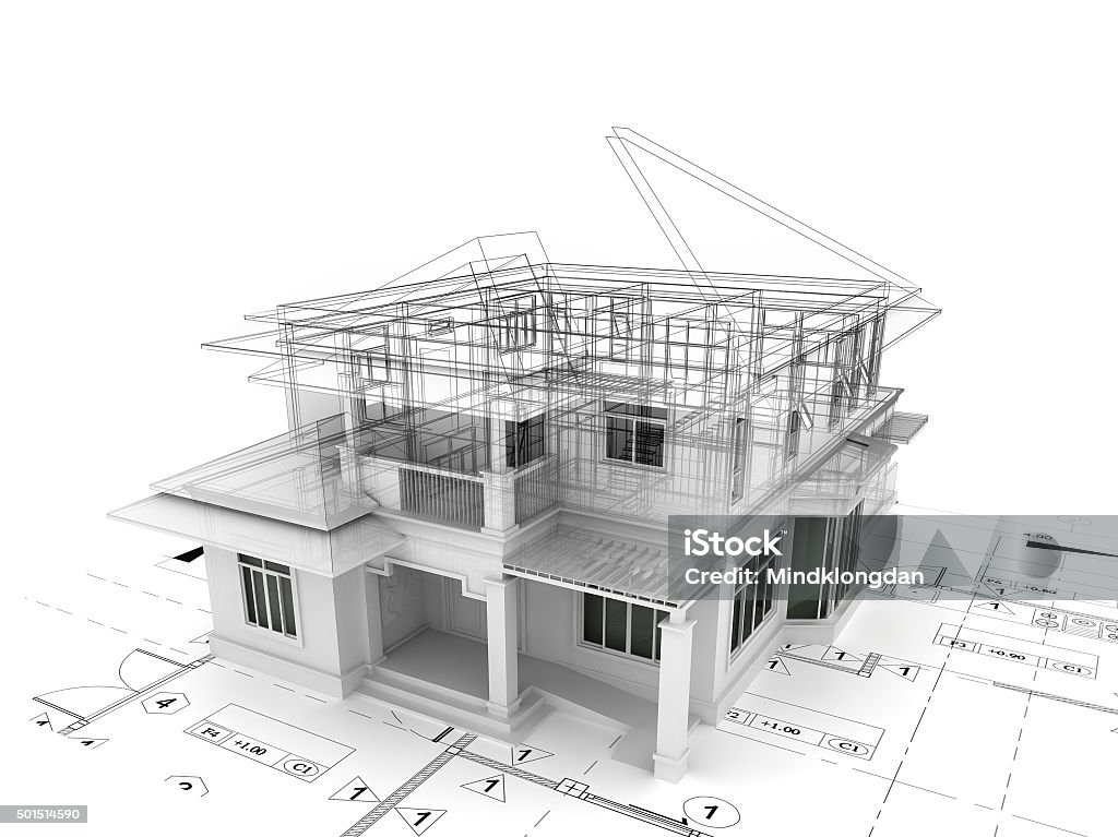 3d render of house on plan Three Dimensional Stock Photo