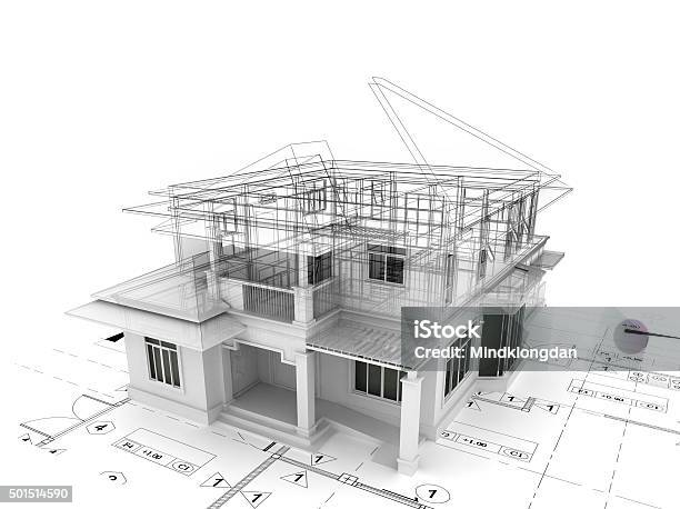 3d Render Of House On Plan Stock Photo - Download Image Now - Three Dimensional, Plan - Document, Architect