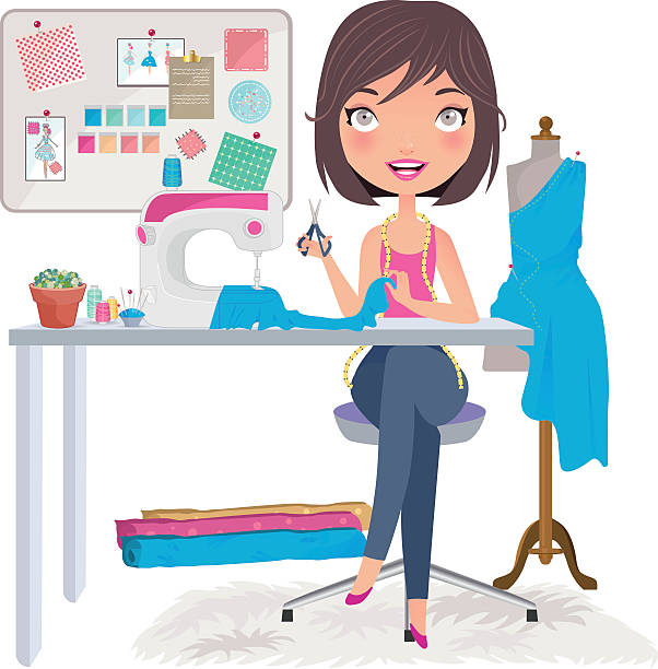 ilustraciones, imágenes clip art, dibujos animados e iconos de stock de diseñador de moda - sewing women tailor teenage girls