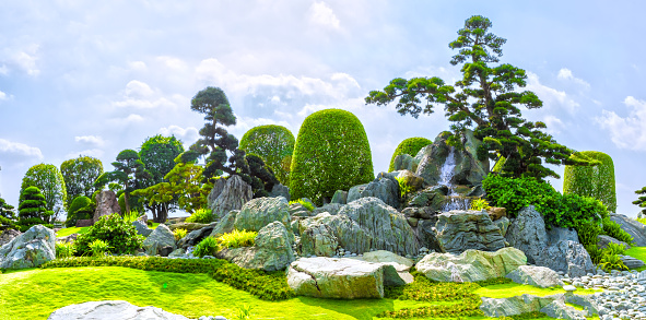 Ho Chi Minh City, Vietnam - March 3rd, 2014: Bonsai garden beauty with many cypress, pine, stone architecture and ancient trees as paintings incorporate blending in Ho Chi Minh City , Vietnam.
