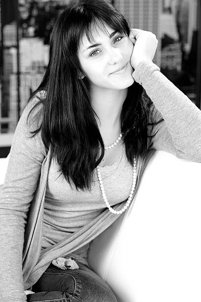 Cute happy smiling brunette black and white portrait