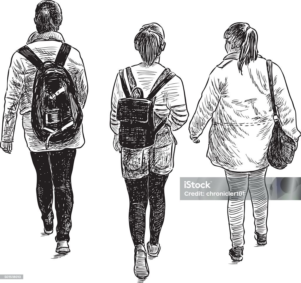 schoolgirls on a walk Vector image of the walking girls students. Adolescence stock vector