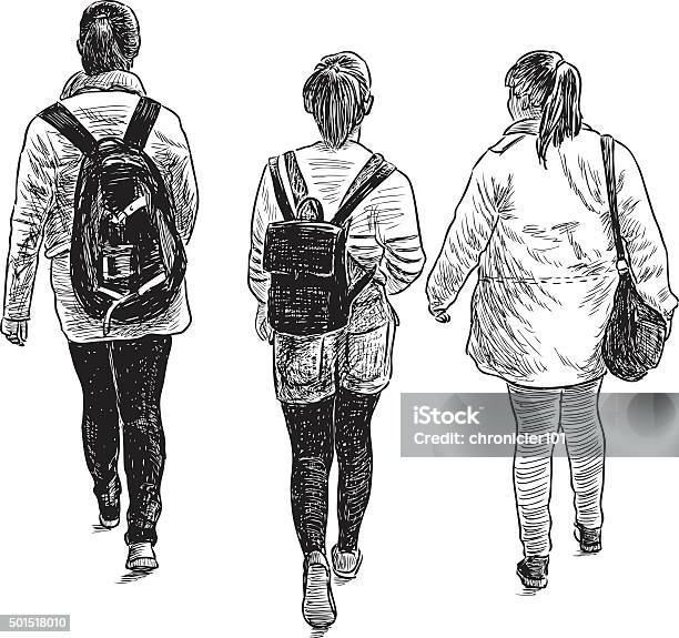 Schoolgirls On A Walk Stock Illustration - Download Image Now - Adolescence, Backpack, 2015