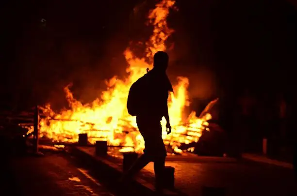 Fire burning on the streets of Istanbul during the clashes between police and demonstrators