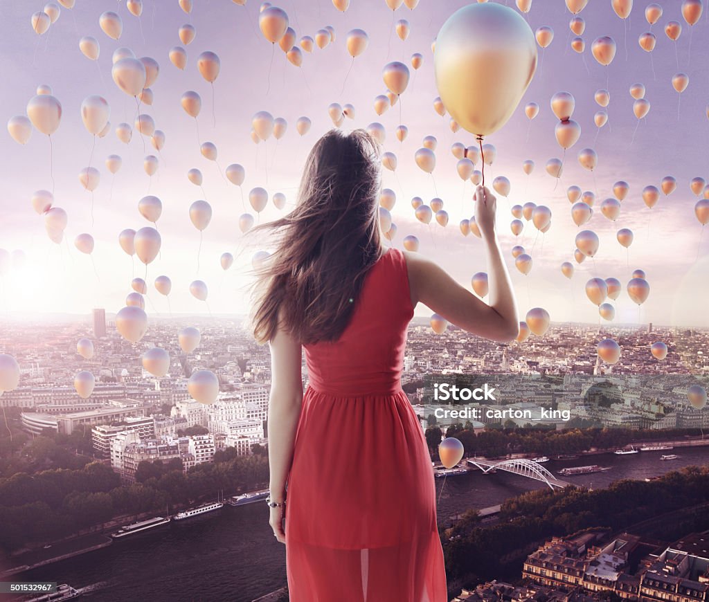 Young lady and the city of balloons Young lady and the city of the tiny balloons Activity Stock Photo