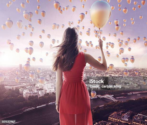 Young Lady And The City Of Balloons Stock Photo - Download Image Now - Activity, Adult, Adults Only
