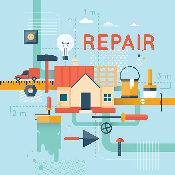 ilustraciones, imágenes clip art, dibujos animados e iconos de stock de reparación casa. - drill red work tool power