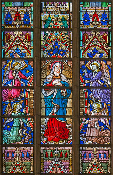 Bruges - Mary on windowpane in St. Salvator's Cathedral Bruges - The Virgin Mary on the windowpane in St. Salvator's Cathedral (Salvatorskerk) on the windowpane in St. Salvator's Cathedral  by stained glass artist Samuel Coucke (1833 - 1899). st salvator's cathedral stock pictures, royalty-free photos & images