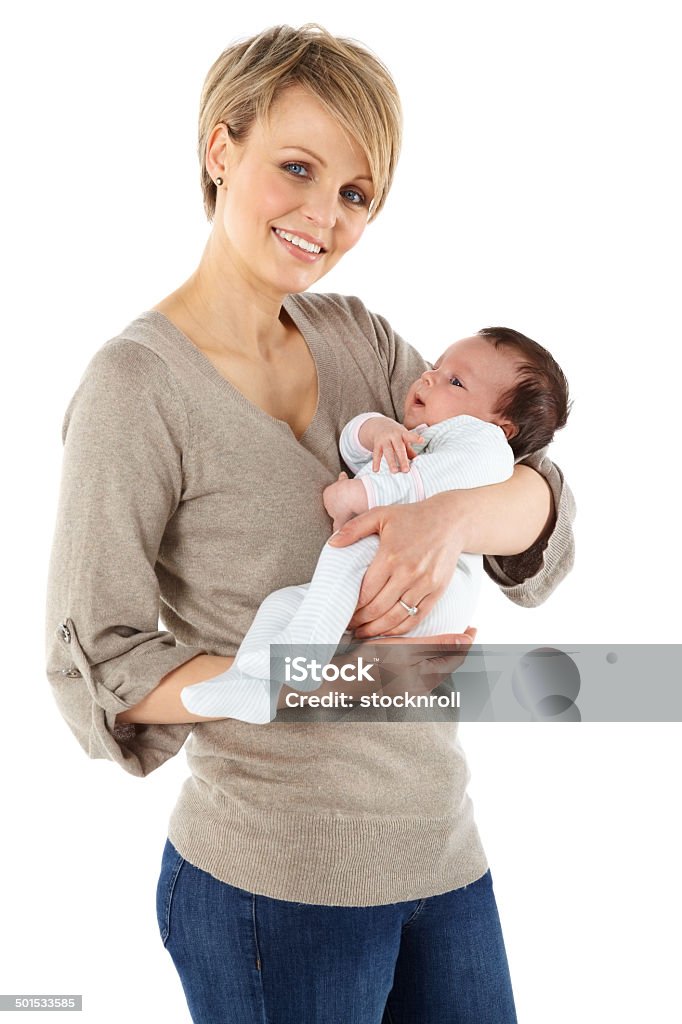 Hermosa mujer joven con su Monada little baby girl - Foto de stock de Fondo blanco libre de derechos