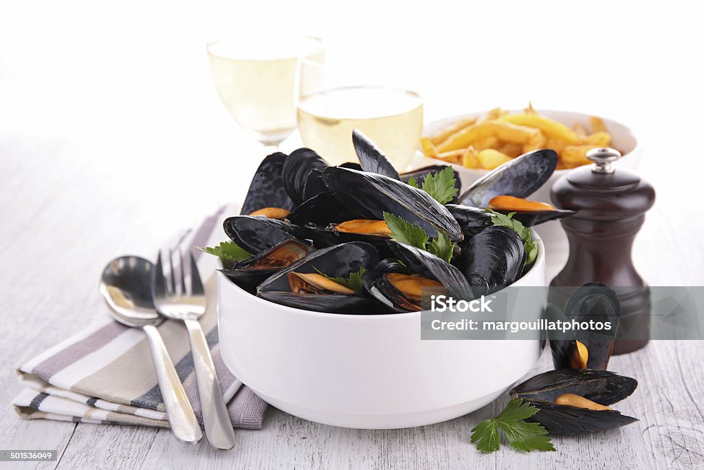 mussel with wine sauce and fries French Fries Stock Photo mussel with wine sauce and fries French Fries Stock Photo