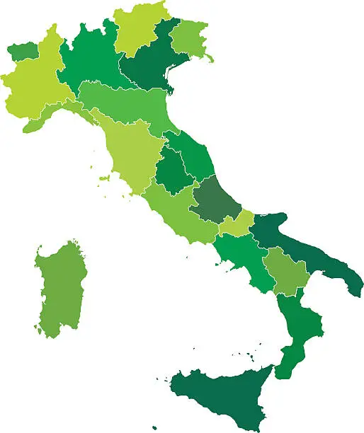 Vector illustration of Regions map of Italy. Mappa delle regioni Italia verde