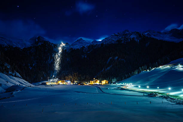 Winter ski resort Hintertux by night, Tirol, Austria