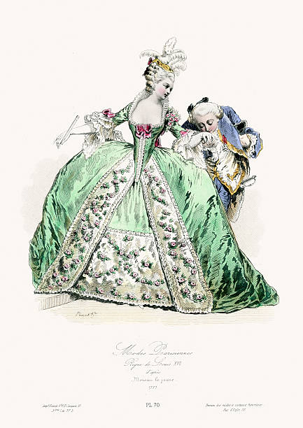 18th Century Fashion - Paris Vintage engraving of Paris Fashion during the Reign of Louis XVI, 1777. Modes et costumes historiques 1864 18th century style stock illustrations