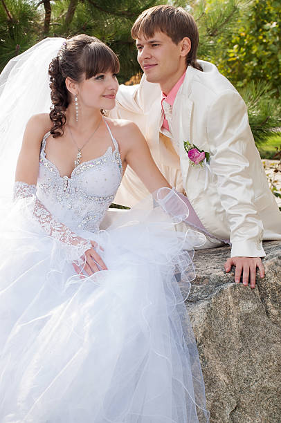 Young and beautiful bride and groom stock photo