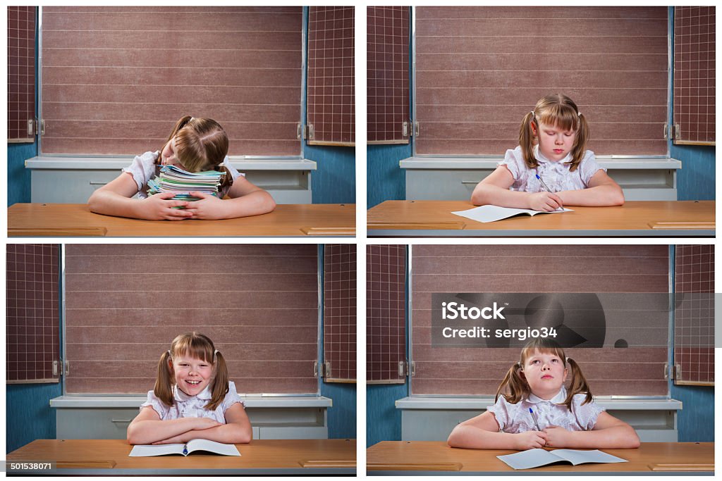 cute schoolgirl at a desk collage cute schoolgirl at a desk at school Beautiful People Stock Photo