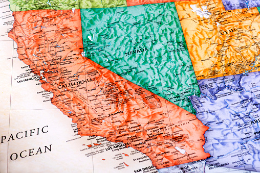 Map of California and Nevada States in USA. Detail from the World Map.