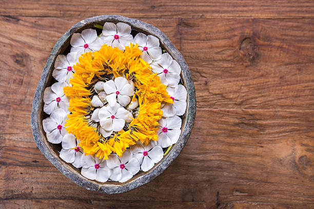 istock Elevated view of granite bowl with floating tropical exotic flowers 501539644