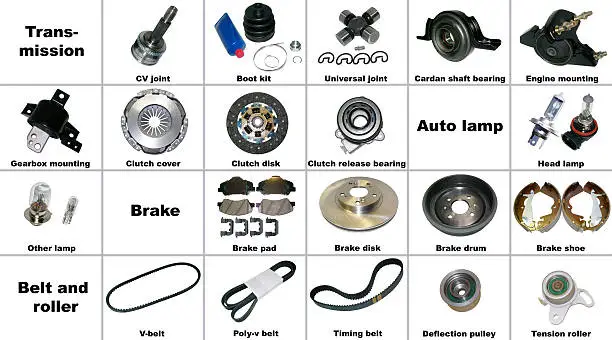 The most popular spare parts of the transmission, brake and  belt car. All spare parts are isolated on a white background and signed.