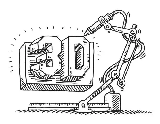 Vector illustration of Machine 3D Printing Technology Drawing