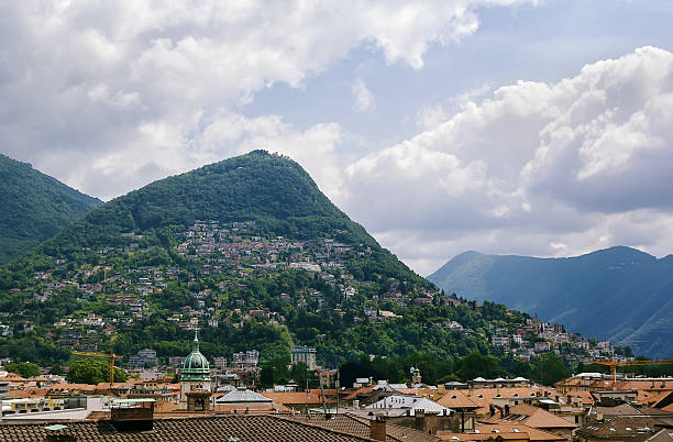 view of Monte Bre mountain and roff of Lugano city, Switzerland