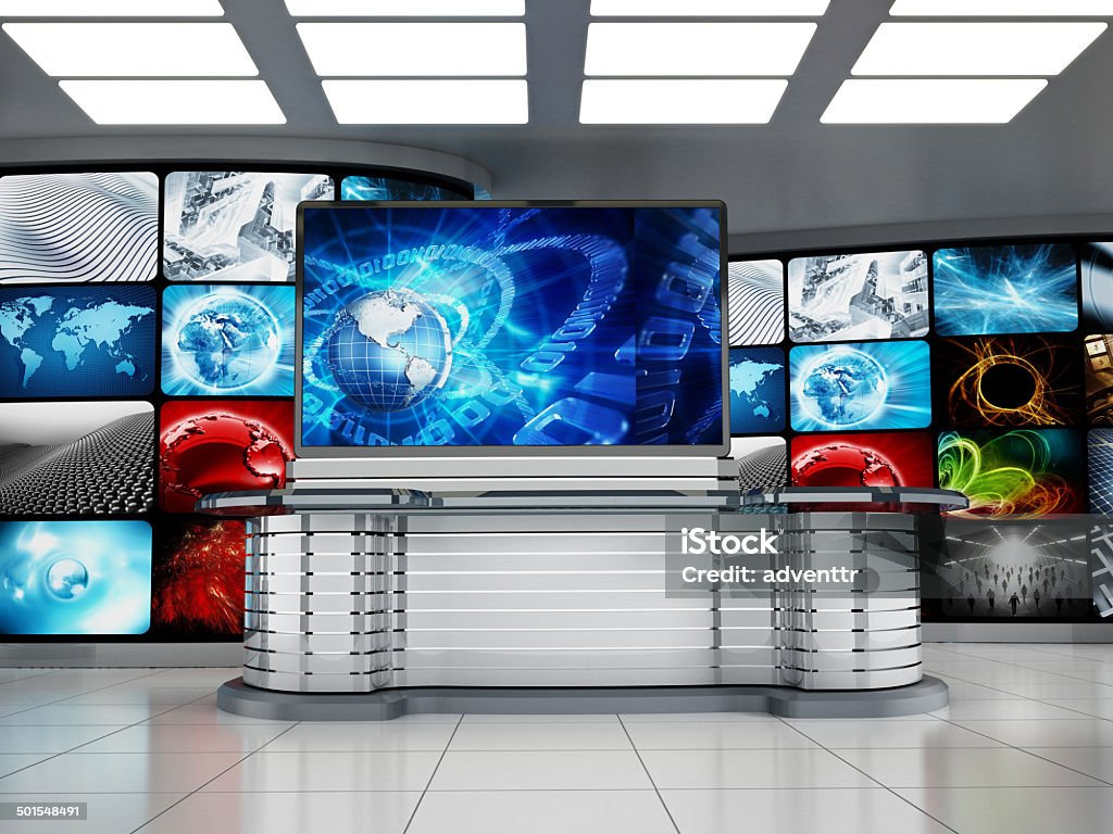 TV studio Television studio room with front desk, HD screen and video wall. Stage Set Stock Photo