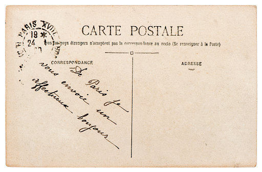 antique french postcard with greeting text from paris 1920. vintage sentimental retro style background