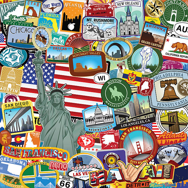 Americana Sticker collage Collage of Stylized Retro/Vintage travel sticker style landmark graphics.  mt rushmore national monument stock illustrations