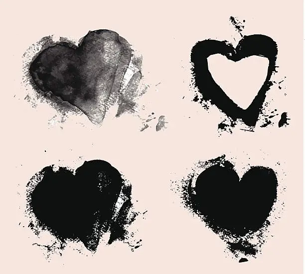 Vector illustration of black and white grungy hearts