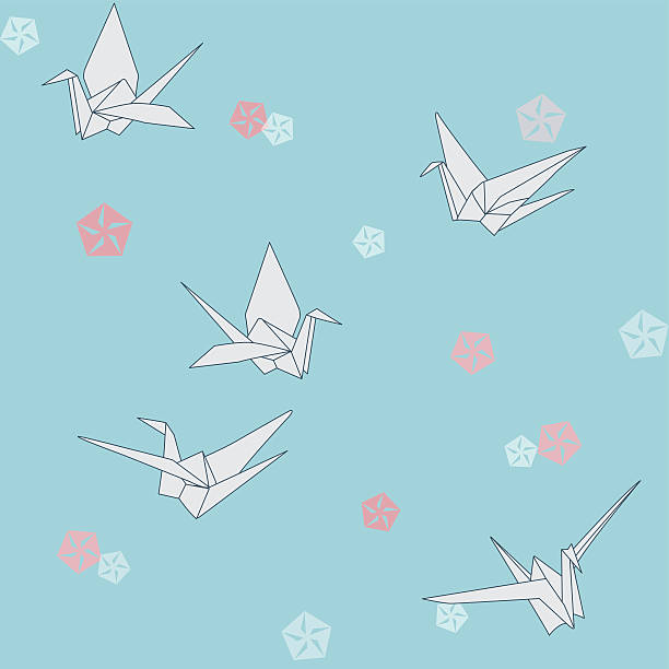 Origami crane and oleander flower pattern Oriental style origami crane background, seamless background  origami cranes stock illustrations