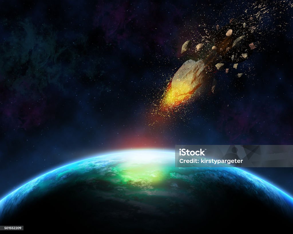 3D space background with meteorite Space scene background with blazing meteorite about to hit a fictional planet Outer Space Stock Photo