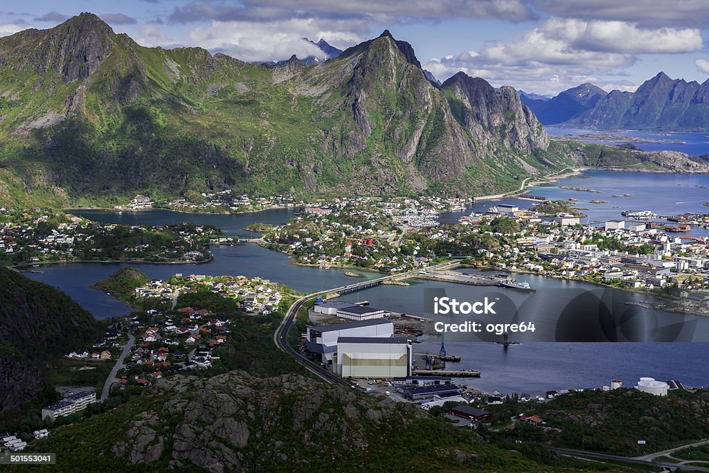 Svolvær in Lofoten Image taken from the top of Tjeldbergtind from a high angle. Arctic Stock Photo