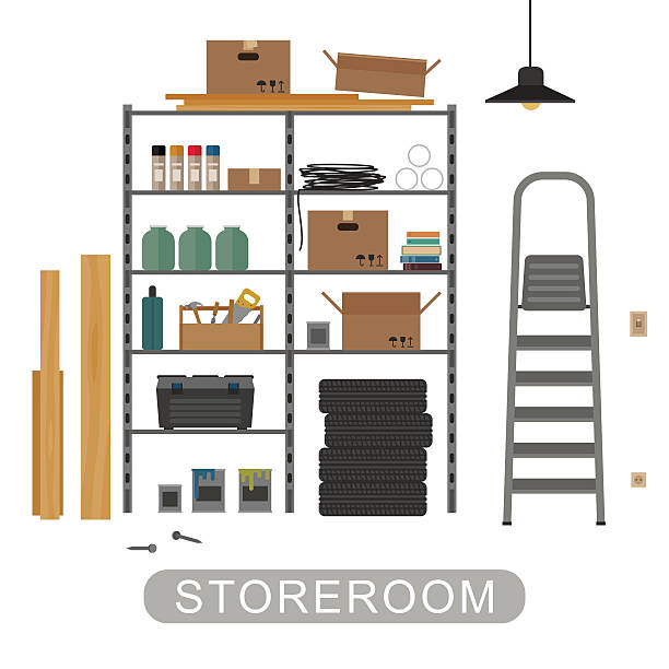 Storeroom interior on white background. Storeroom with metal storage. Vector banner of garage or storeroom in flat style. white background level hand tool white stock illustrations